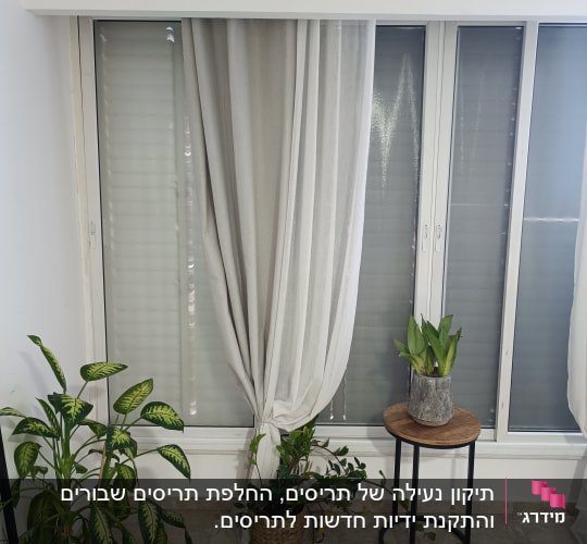 חלון עם תריסים ווילונות, עציצים על הרצפה